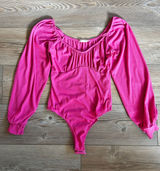 Altar'd State Womens Hot Pink Ribbed Sweetheart Ruched Bishop Sleeve Bodysuit S Photo 0