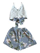 Lace Crop Top & Floral Shorts Set - Light Blue Photo 0