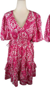 Entro Pink Damask Print V-Neck Smocked Mini Dress Small Vibrant Festival Girly Photo 0