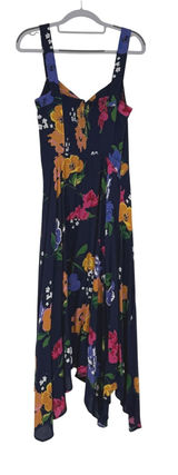 Maeve Anthropologie Smocked Floral Midi Dress Navy Blue Orange‎ Yellow Photo 0
