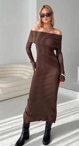 Princess Polly Brown Off The Shoulder Dress Photo 0