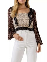 Free The Roses Floral Color Block Ruffle Blouse Size L Puff Sleeve Photo 0