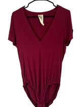 Free People Maroon V-Neck Short Sleeve Snap Closure Bodysuit Women Sz L Photo 0