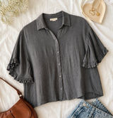 Billabong Women's Gauze Button Front‎ Top Medium Boho Ruffle Sleeve Beachy Black Photo 0