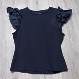 By Anthropologie Black Ribbed Knit‎ Ruffle Cap Sleeve Crew Neck Top Medium M Photo 0