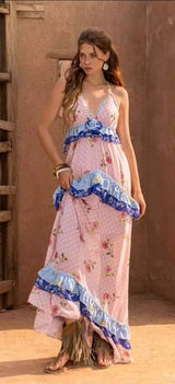 Faeriesty Pink Floral Tiered Halter Maxi Dress Ruffle Cottagecore XL Rose Print‎ Photo 0