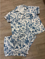 NIB- Blue White Floral Pajama Set Short Sleeve Button Down Shorts XXL Photo 0