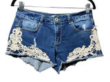 Bongo Blue Denim Shorts Crochet Lace Trim Distressed Frayed Juniors Size 9 Photo 0