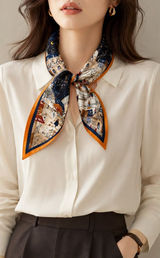 100% Silk Parisian Village Print Square Scarf Blue Orange Vintage Style Photo 0