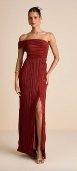 Lulus Poised Performance Rust Red Plisse One-Shoulder Maxi Dress Formal S NWT Photo 0