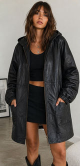 Venezia Vintage Black Leather Hooded Parka Jacket Womens Large 02-9438-9 Zip Up Photo 0