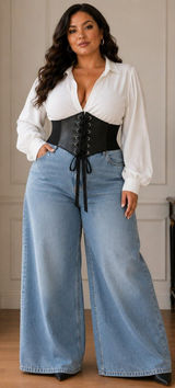 Plus Size Black Vintage‎ Style Lace Up Faux Leather Elastic Back Closure Waist Photo 0