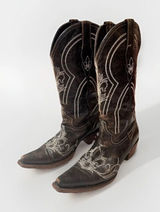 Pecos Bill Leather Cowgirl/cowboy Boots Sz 6 Women’s Distressed Drk‎ Brown White Photo 0