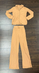 SKIMS Soft Lounge Pajama Set XXS Camel Tan Ribbed Button Up Wide Leg Pants Photo 0