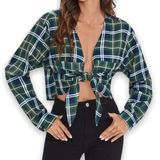 Boutique Green & Blue Plaid Tie Front Crop Long Sleeve Top‎ M Photo 0