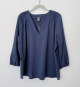 [Ann Taylor] Navy Blue V-Neck Chiffon Blouse 3/4 Length Sleeves Work Sz Large L Photo 0