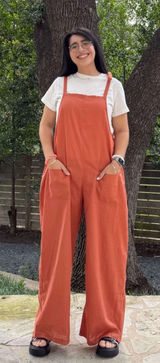 Shiny by Nature Womes Linen Overalls Canyon Orange Wide Leg Square Neck Bib Photo 0