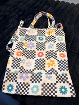 Checkerboard Floral Canvas Tote Bag in Multi-Color Photo 0