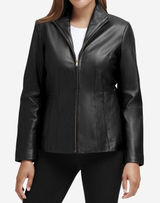 Cole Haan Womens Black Genuine‎ Lambskin Leather Wing Collar Zip Jacket Medium Photo 0