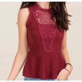 Alya Burgundy Faux‎ Suede Crochet Peplum Top Size Large Wine Red Whimsigoth Photo 0