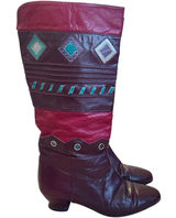 Vintage 80s Vita Mori Burgundy Geometric Western Revival Art‎ Deco Leather Boots Photo 0