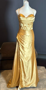 Women’s Gold Full Length Prom Party Dress Criss Cross Straps LegSlit Size 4 NWOT Photo 0