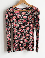 Free People Floral Scoop Neck Long Sleeve Top Black Pink Cotton Small Photo 0
