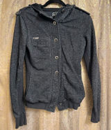 Y2K 2000s Fox Racing Charcoal Gray Button Up Hooded Sweater Womens Small‎ Photo 0