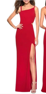 La Femme Gown Size 4 Red Asymmetrical Neck Strappy Back High Slit Evening Formal Photo 0