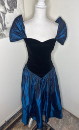VTG 80s Blossoms by Loralie Dress Velvet Blue Iridescent Taffeta Prom Gown Photo 0