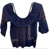 American Eagle Embroidered Navy Off-the-Shoulder Cold Shoulder Top NWT AE ! New Photo 0