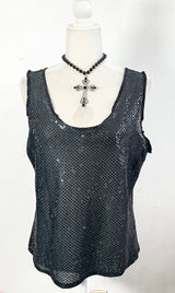 Vintage Y2k Sequin Tank Top Sz Large Black Sheer Grunge‎ Emo Mall Goth Festival Photo 0