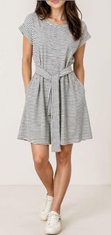 J.Crew S Black White Striped T-Shirt Dress Tie Waist‎ Short Sleeve 100% Cotton Photo 0