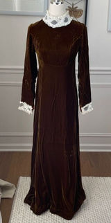 Vintage 70s Brown Velvet Maxi Dress Lace Collar Cuff XS Photo 0