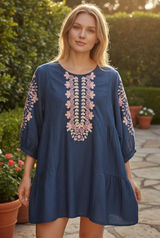 Ethnic by Outfitters Blue Embroidered Cotton Tunic‎ Dress XS WTB381709 Boho Pink Photo 0