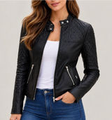 Genuine Leather Women's Quilted Black Moto Jacket XS Y2K Biker Edgy Indie Rocker Photo 0