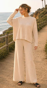 Zenana Viscose Sweater Top & Pants Set - LT. Beige - Small Photo 0