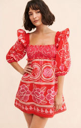 Farm Rio Summer Sunrise Mini Dress Small Red Smocked Puff Sleeve Tropical Summer Photo 0
