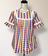 English‎ Factory Anthropologie Gingham Check Ruffle Sleeve Top Cottagecore Boho Photo 0