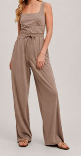 Women’s Sleeveless Square Neck Knit Jumpsuit – Soft Stretchy Wide Leg One Piece with Drawstring Waist & Pockets Photo 0