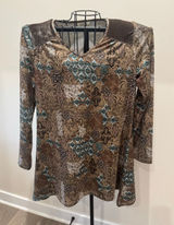 Krazy Kat Brown Teal Paisley Print Velvet Shoulder Tunic Top Women’s Medium Photo 0
