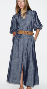 ZARA Blue Puff-Sleeve Maxi Shirt Dress with Belt Photo 0
