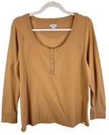 LL‎ Bean Womens XL Waffle Knit Henley Top Mustard Tan Cotton Thermal 517795 Photo 0