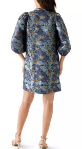 Crown & Ivy Jacquard Floral Metallic 3/4 Puff Sleeve Dress Blue Gold Photo 0