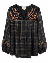 Style & Co Blouse Womens XL Plaid Embroidered Boho Peasant Tassel Velvet Top Photo 0