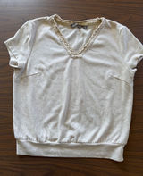 Marisfrolg Womens Beige V-Neck Crochet Lace‎ Trim Short Sleeve Knit Top Size 38 Photo 0