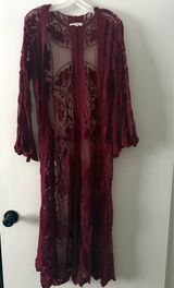 COCO + JAIMESON Burgundy Floral Embroidered Lace Long Duster Kimono XS Photo 0