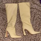 Pale Yellow/Cream knee high croc textured boots Photo 0