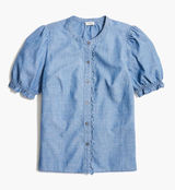 J.Crew Re-Imagined Blue Chambray Ruffle Trim Puff Sleeve Button Top Medium Photo 0