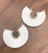 Fringe Tassel Fan Hoop Earrings Gold Tone White Boho Coastal Indie Sleaze Chic‎ Photo 0